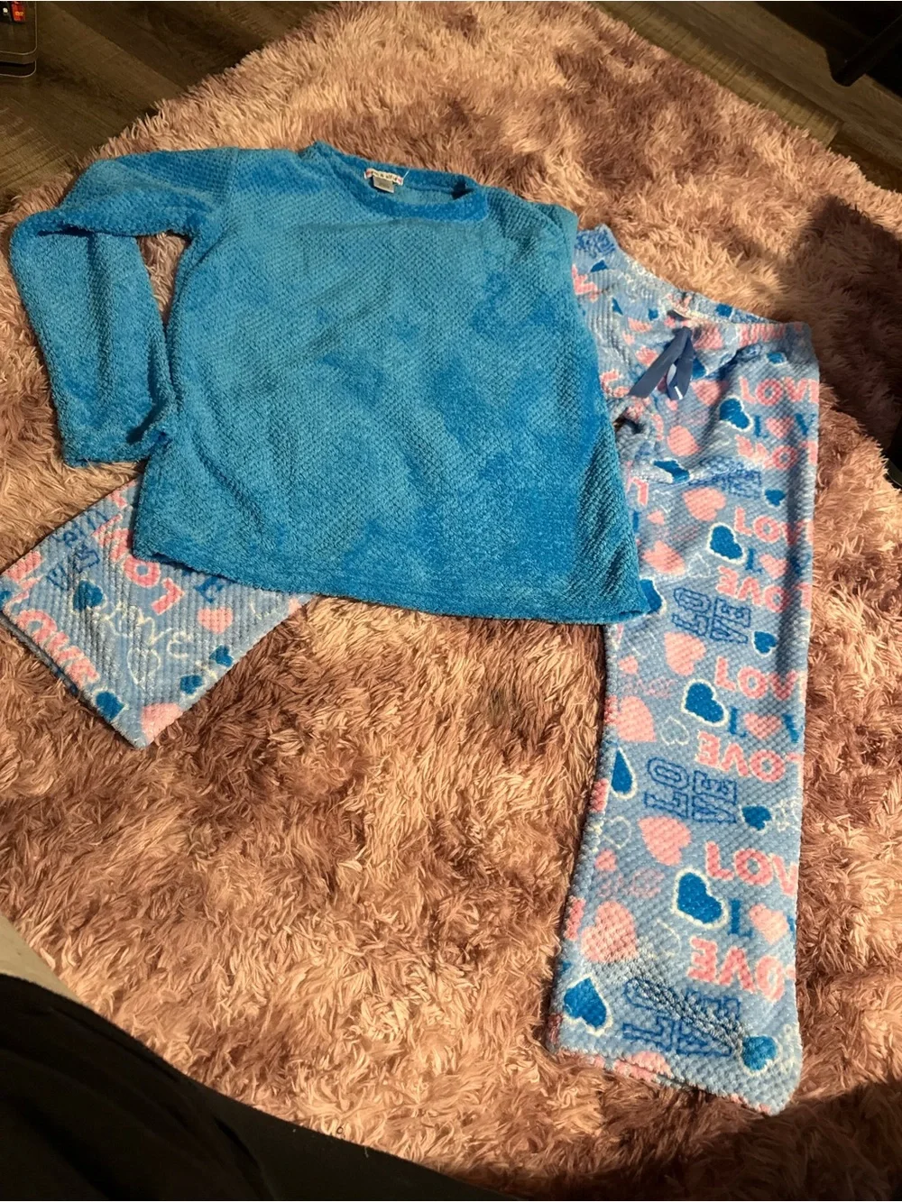 Kids Blue Plush Pajama Set with Heart Print